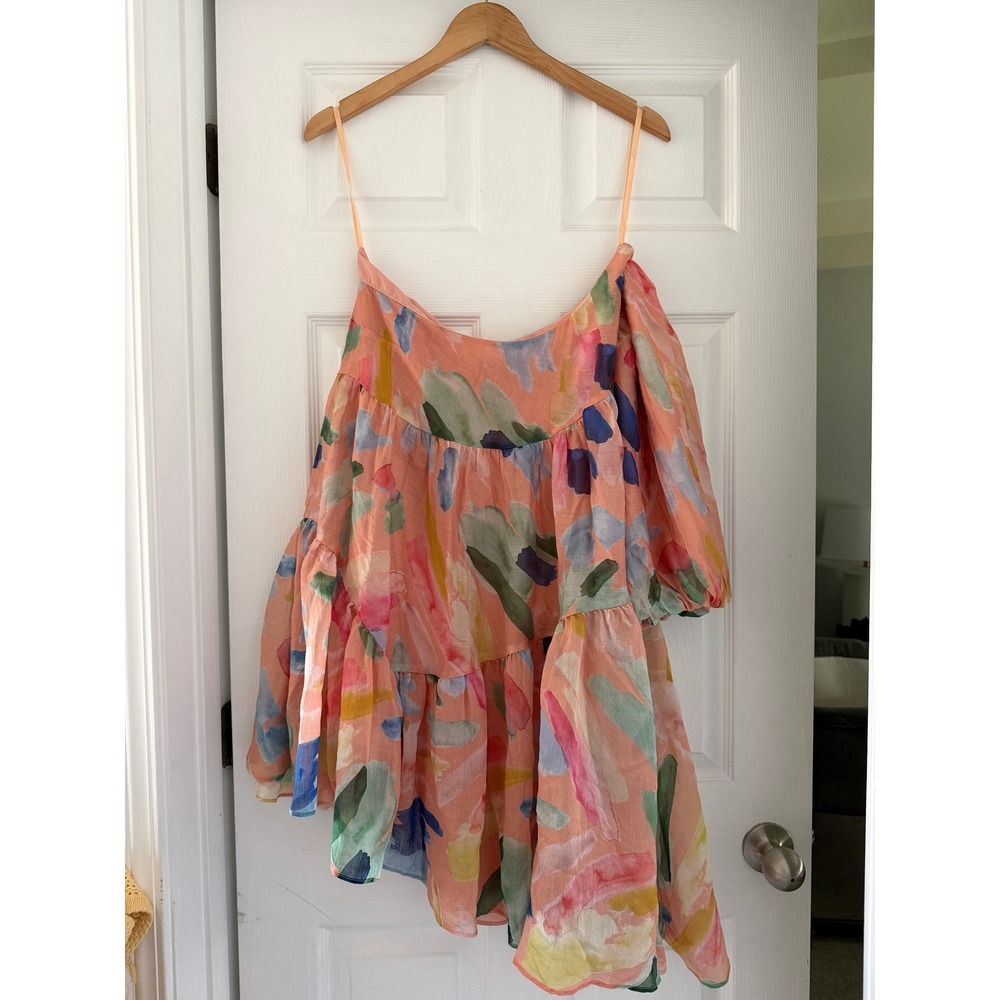 Petal and Pup Corinna Puff Sleeve Tiered Mini Dress Colorful Pastel Abstract